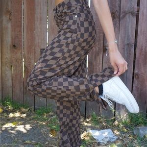 Brown Checkered Wide Legged Jeans with Side Slit